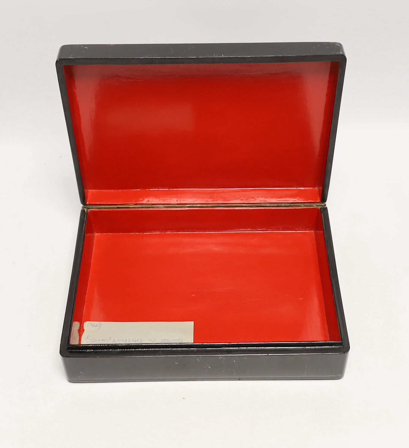 A Russian lacquer rectangular box, by Fedoskino, painted with the scene ‘morning in the wood’ , based on the original painting by Shishkin, 25.5 cm wide, Please note this lot attracts an additional import tax of 5% on th